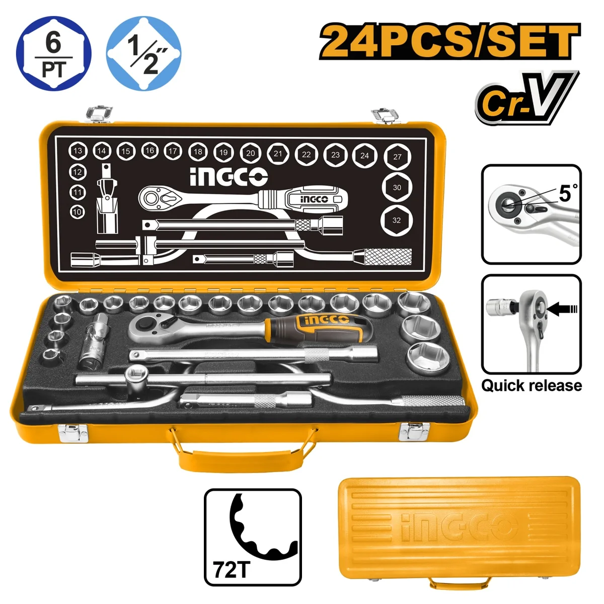 Trusa Chei Tubulare 1/2 24 Bucați Cutie Metal 10-32 Mm, Ingco HKTS0243