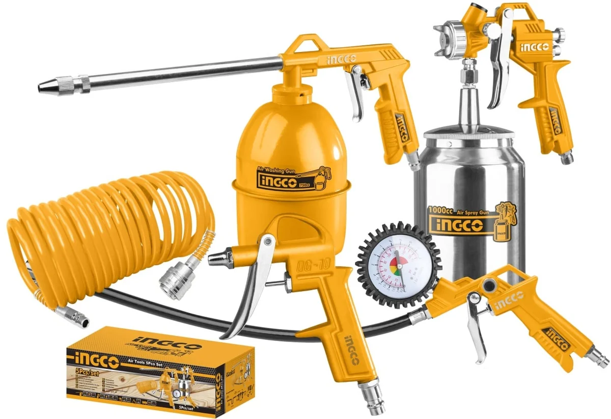 Set 5 Unelte Pneumatice Trusă Pistol De Vopsit Cu Vas Jos, Spălat, Suflat Ingco AKT0051