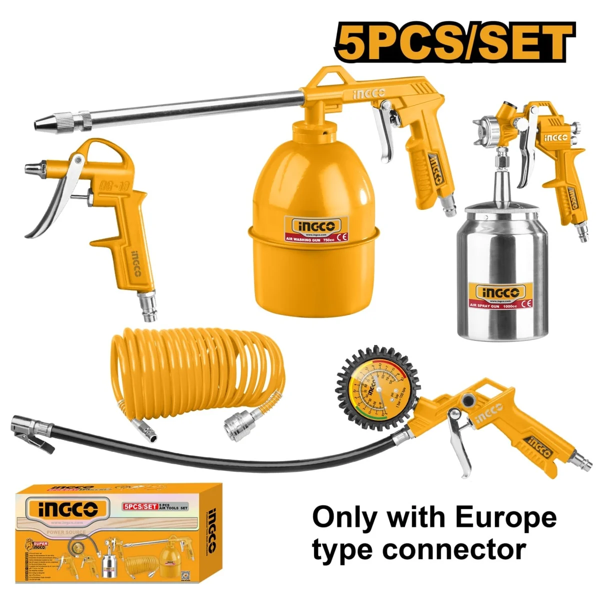 Set 5 Unelte Pneumatice Trusă Pistol De Vopsit Cu Vas Jos, Spălat, Suflat Ingco AKT0051