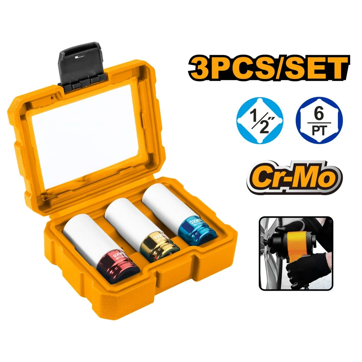 Set Chei Tubulare Impact Cu Protecție Teflon Jante 17/19/21 Mm Ingco HNMLNS031