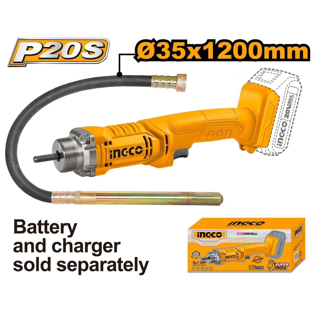 Vibrator Beton 20V 35x120mm Fără Acumulator Ingco CCVLI202301