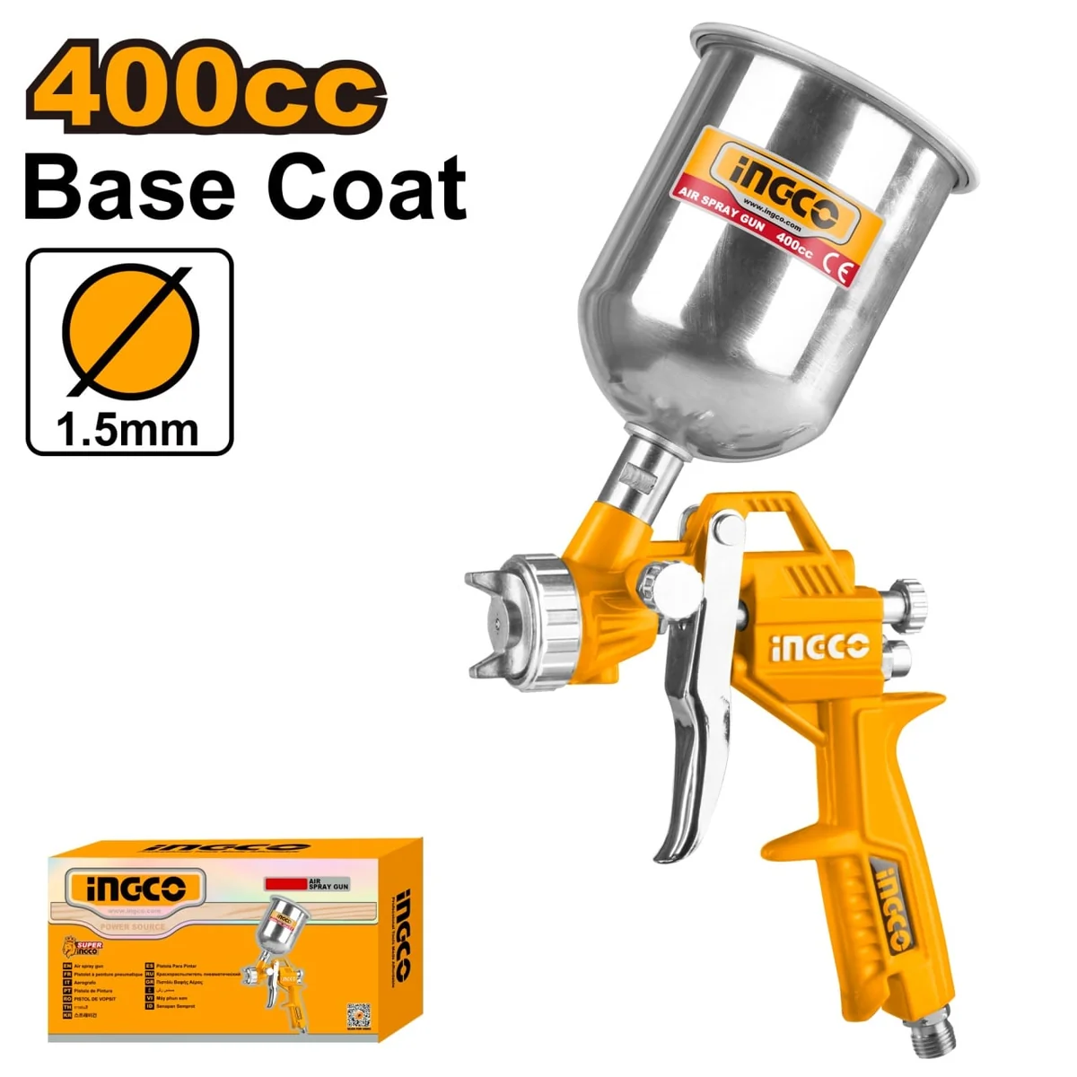 Pistol De Vopsit Cu Aer Vas Metal Sus 400ml, 1.5mm Ingco ASG4041