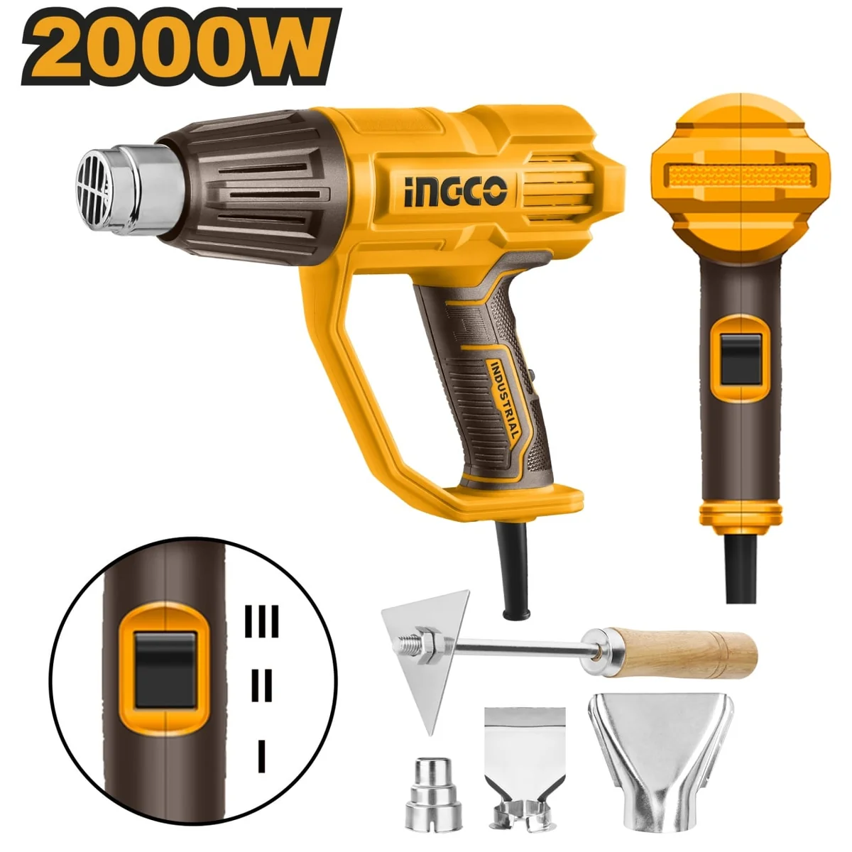 Pistol Cu Aer Cald 2000W Cu 3 Reglaje + Accesorii Ingco HG200078
