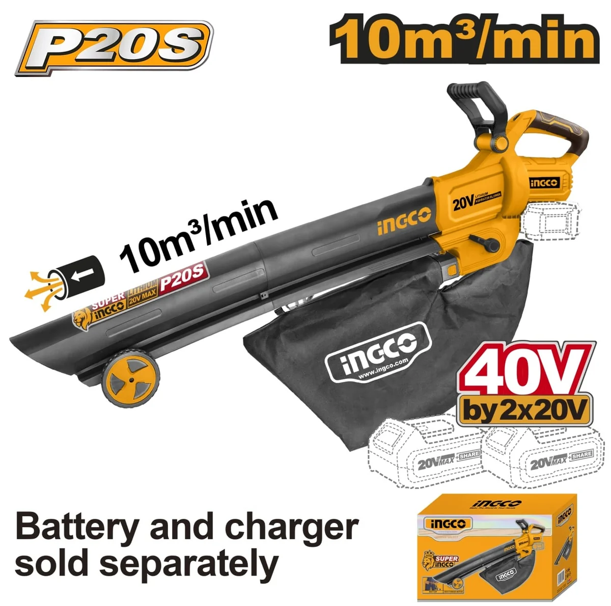 Suflanta Si Aspirator Electric Frunze Cu Sac 40V X2 20V, Fara Acumulator Ingco Cabli2003