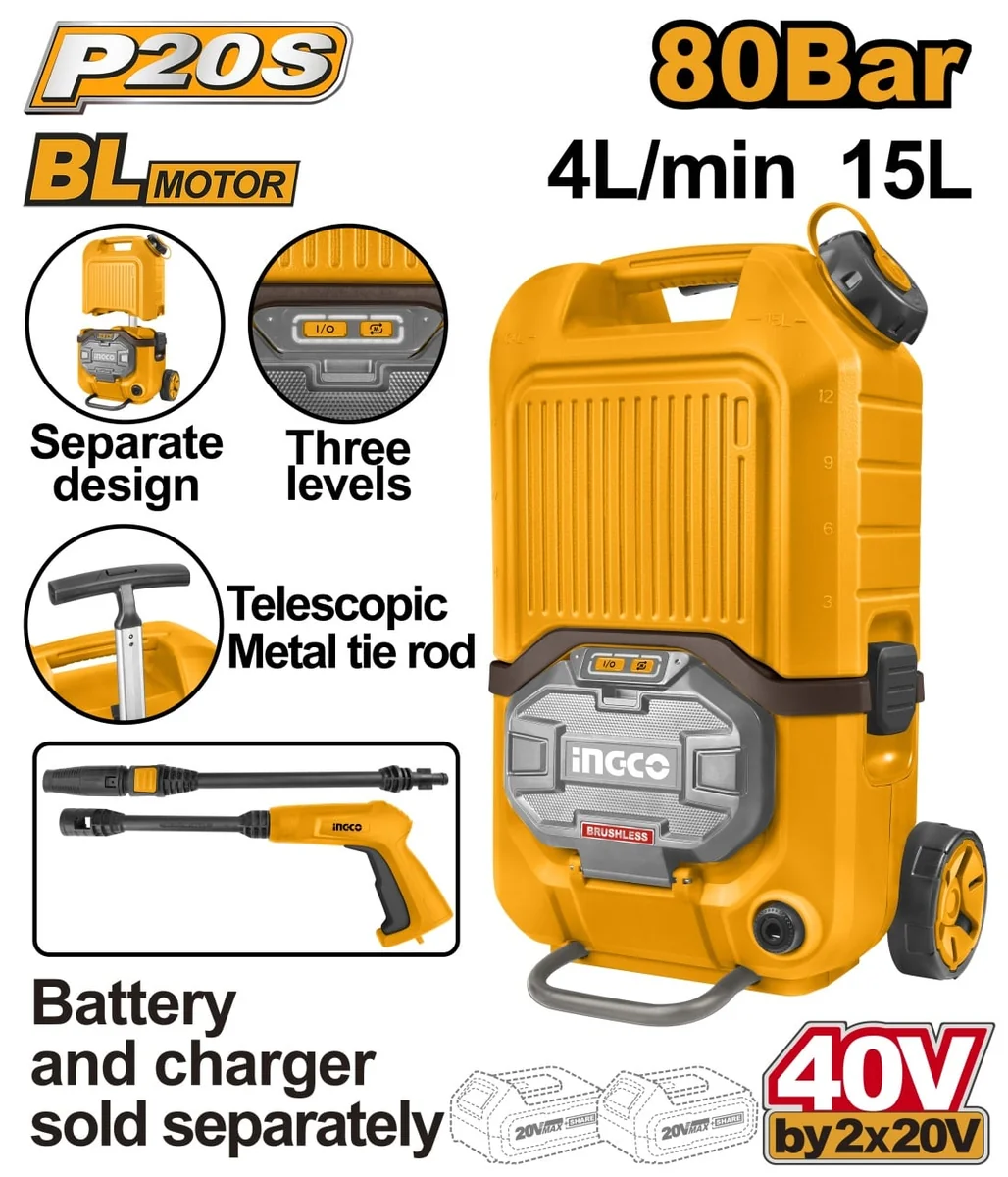 Aparat De Spălat Cu Presiune Turbojet 40V, 90 Bar, 15L, Electric Pe Acumulator Ingco CPWLI4006