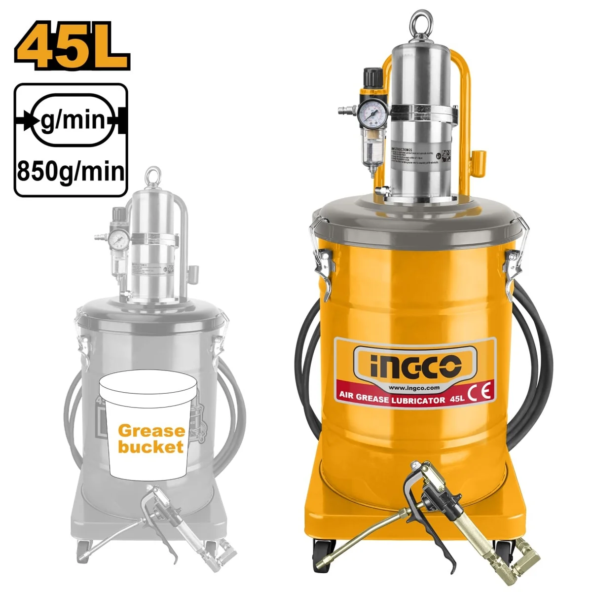 Pompa De Gresat Gresor Pneumatic 45L, 6-8Bar, INGCO AGL02451