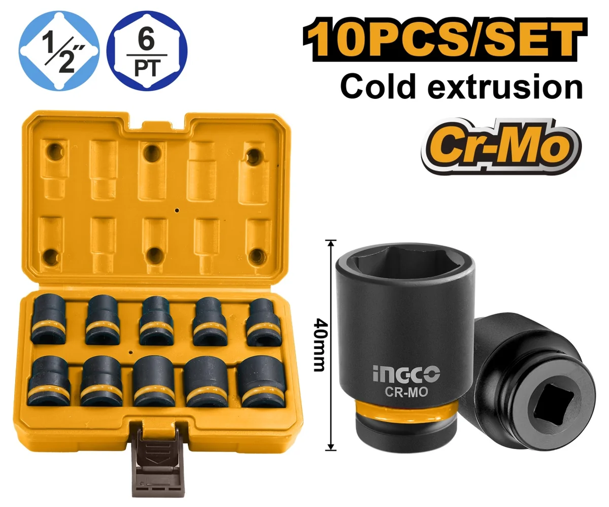 Trusa Chei Tubulare Impact 1/2 10 BUCATI 10-24 Mm, Ingco HKISSD12101