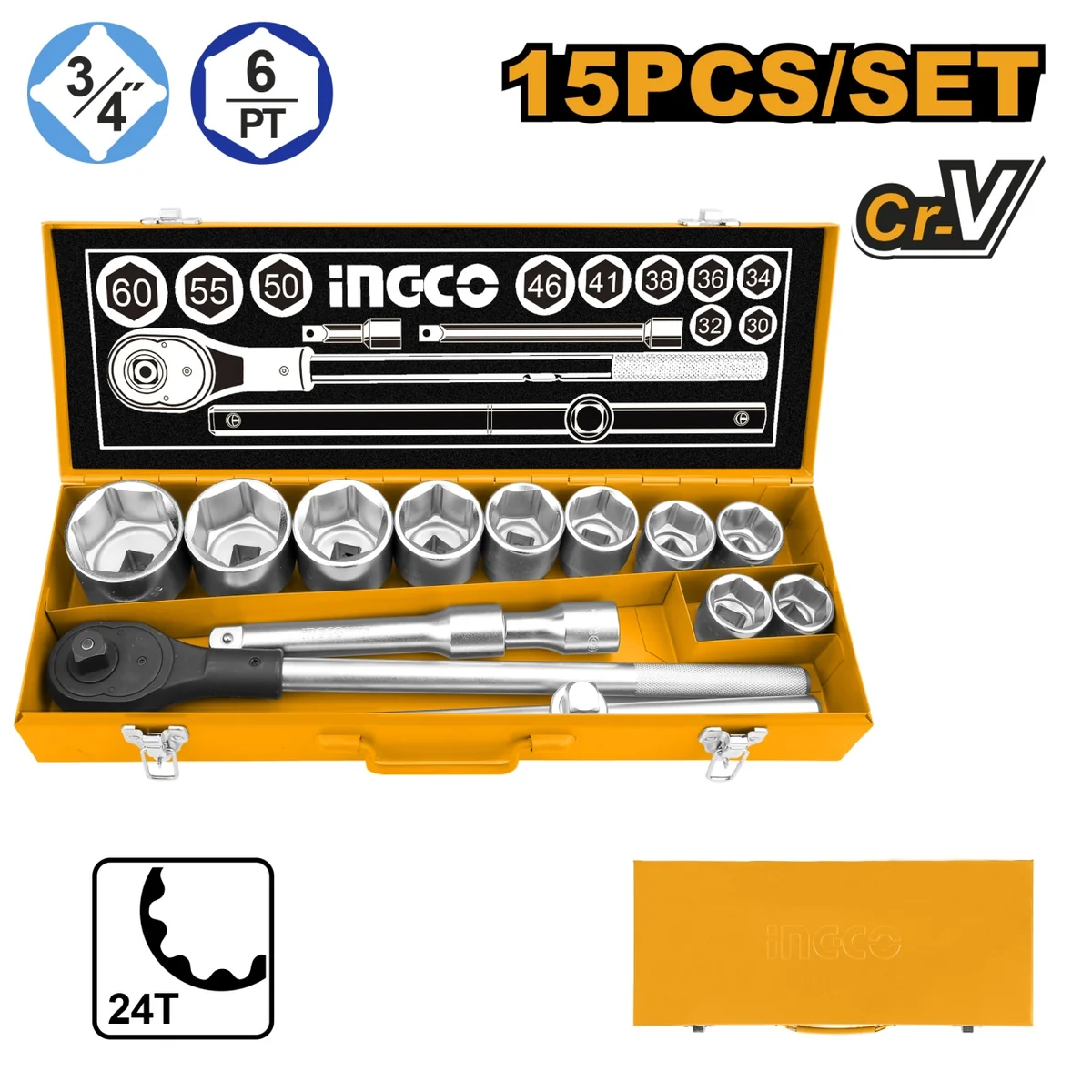 Trusa Chei Tubulare Cr-V 3/4 15buc, Cr-V Industrial Ingco Hkts034151