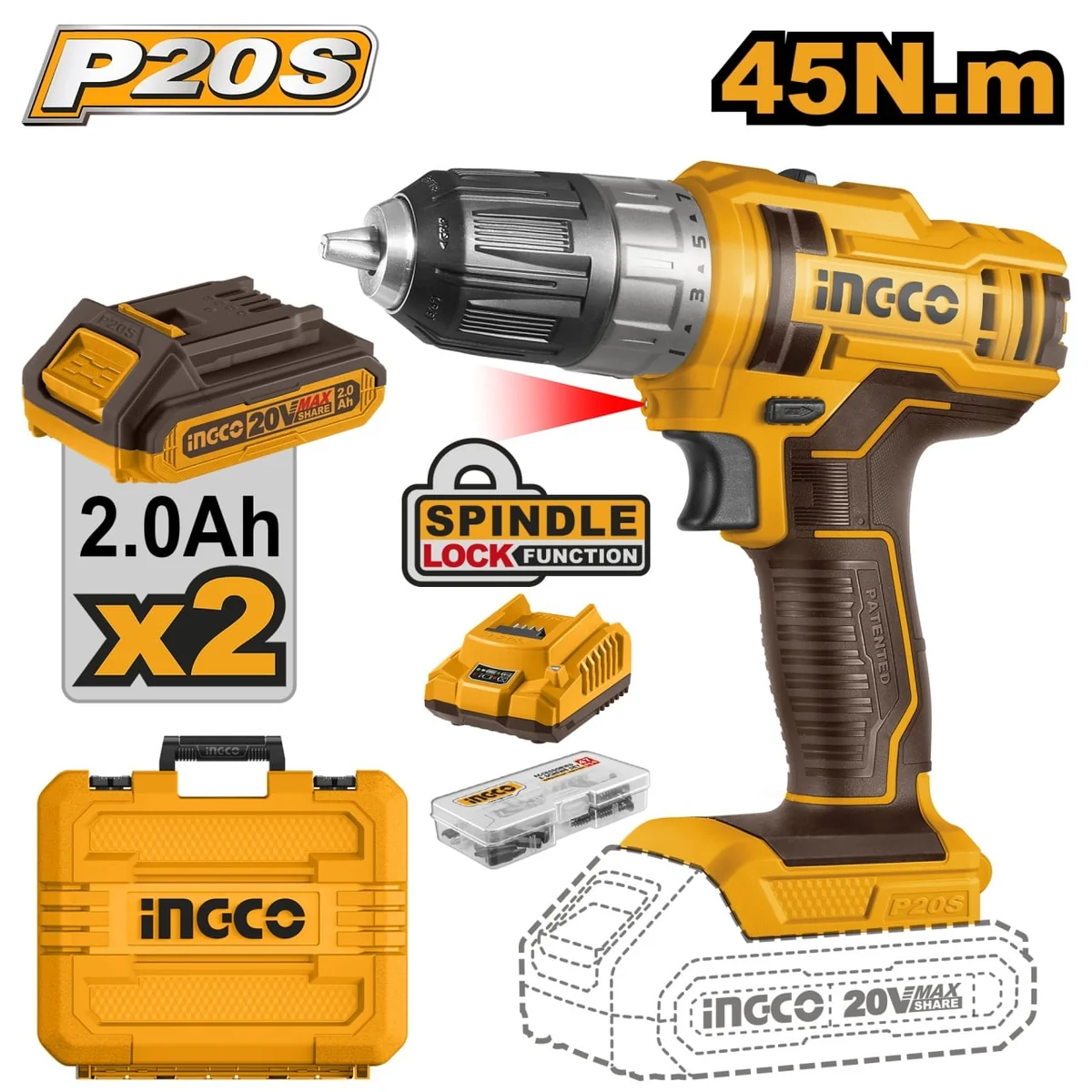 Mașină De Înșurubat Bormasină 45Nm 20V Cu 2 Acumulatori Și Geantă Ingco CDLI200528E