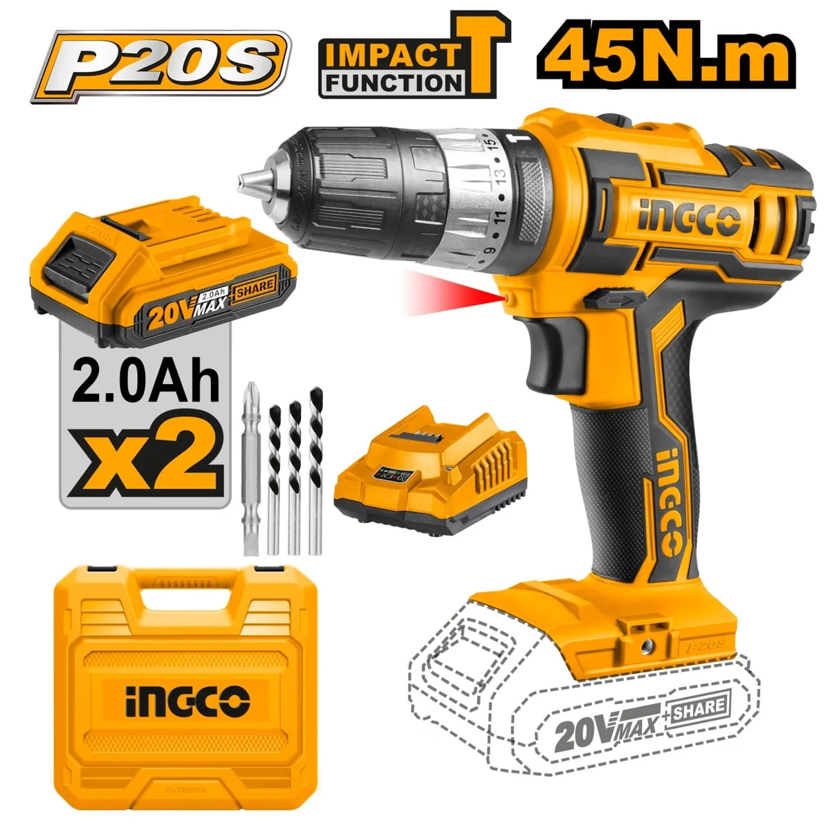 Mașină De Gaurit/Bormasină Cu Impact 45Nm 20V Cu 2 Acumulatori Mandrină Metal INGCO CIDLI2002