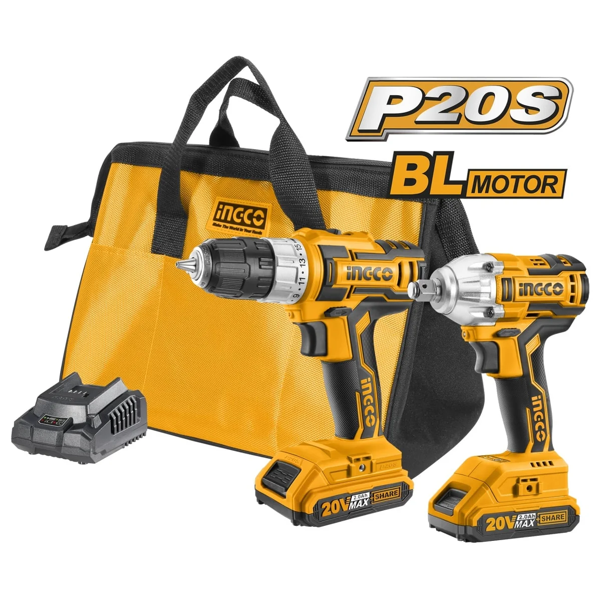 Set Masina De Insurubat Bormasina + Pistol Impact 20V 1/2 Cu 2 Acumulatori Ingco CKLI2007