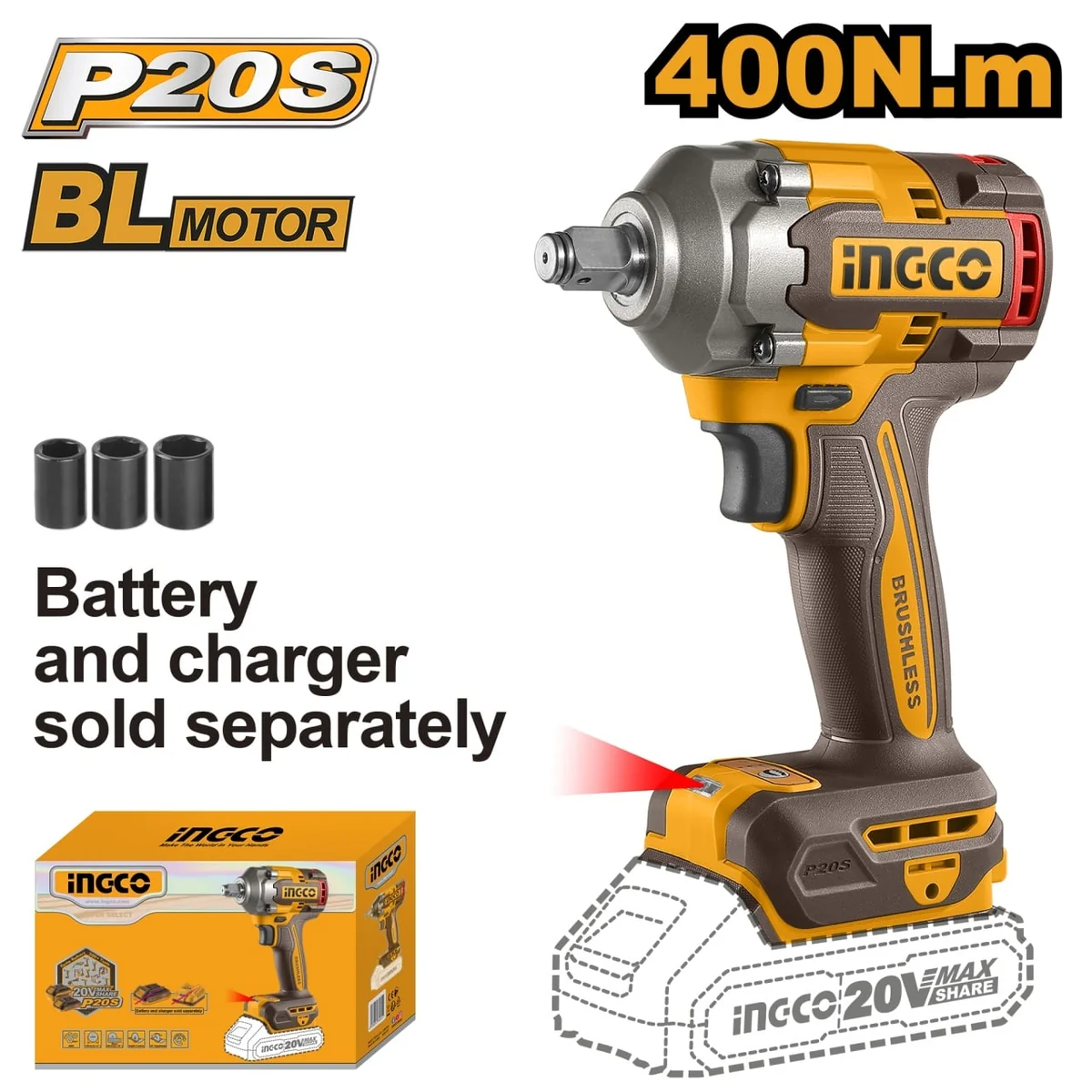 Mașină De Înșurubat Pistol Cu Impact 400 Nm, 20V 1/2, Fără Acumulator Ingco CIWLI20401
