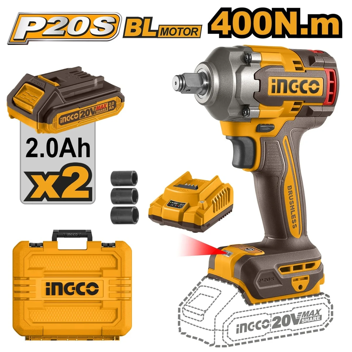 Mașina De Înșurubat Pistol Cu Impact 400 Nm, 20V 1/2, Cu 2 Acumulatori INGCO CIWLI2040E