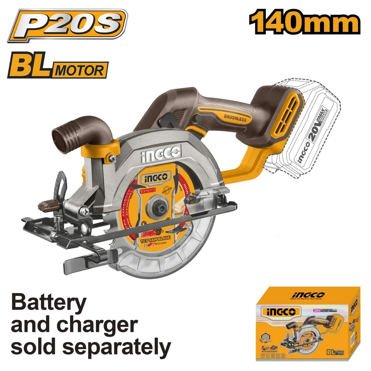 Fierăstrău Circular de Mână 20V 140mm, 6300rpm, Brushless, Fără Acumulator Ingco CSLI1402