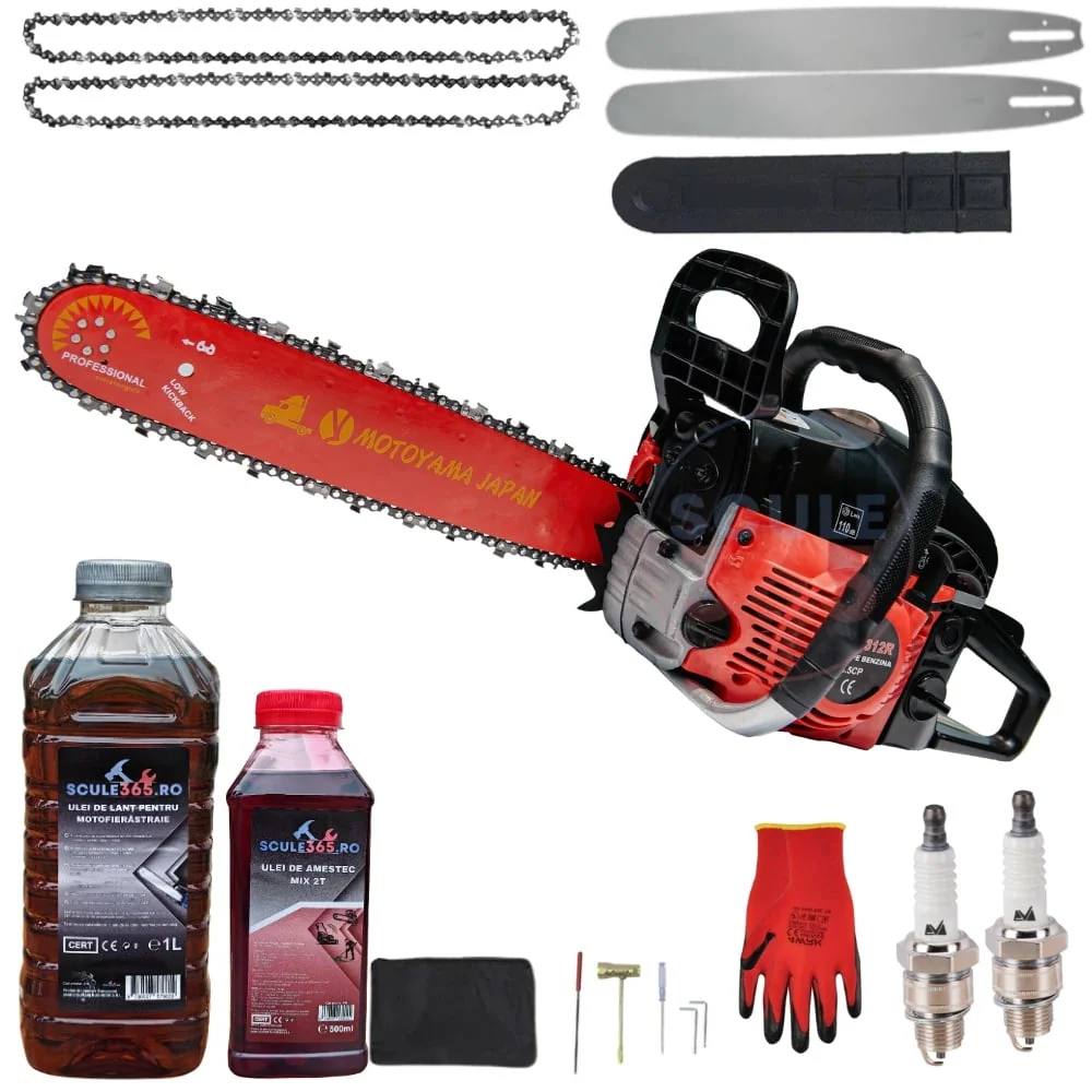 Mega Pachet 8.5cp Drujba Benzina + 2 Lanturi + 2 Lame + Ulei Ungere Lant 1L + Ulei Amestec 0.5L + 2 Bujii + Accesorii Motoyama Japan
