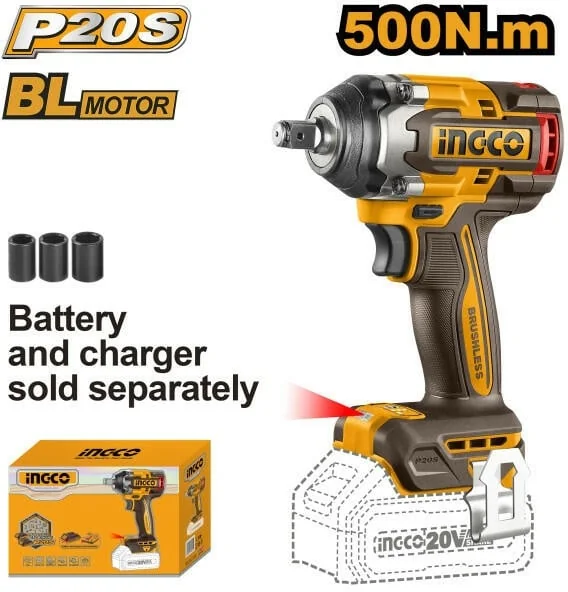 Mașina De Înșurubat Pistol Cu Impact 500Nm, 1/2'', 2900Bpm, 20V, Brushless Fără Acumulator Ingco CIWLI20501