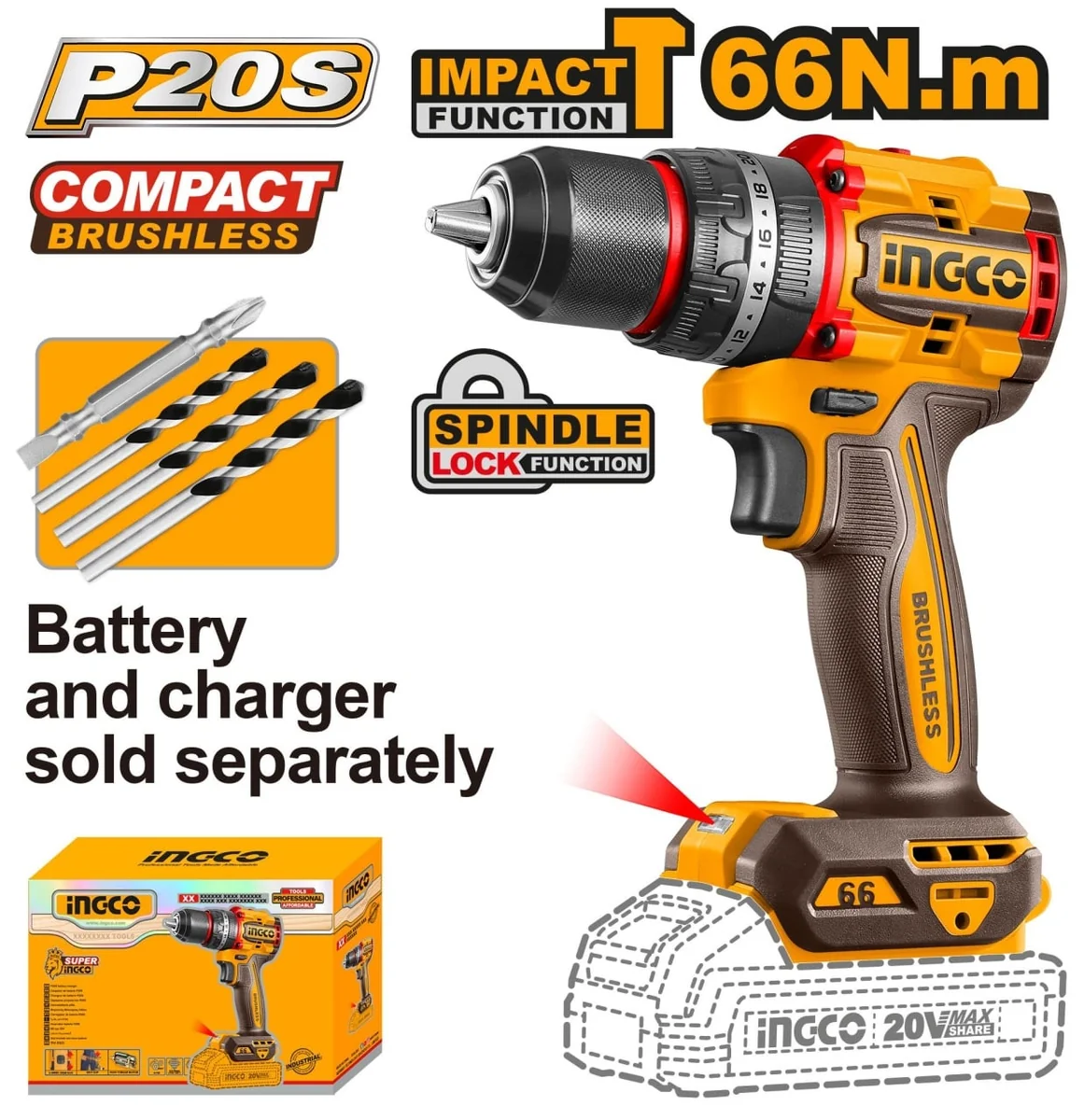 Masina de Gaurit Bormasina 20V cu Impact 66Nm Mandrina Metalica, Brushless, 2000Rpm, Fara Acumulator Ingco CIDLI206681