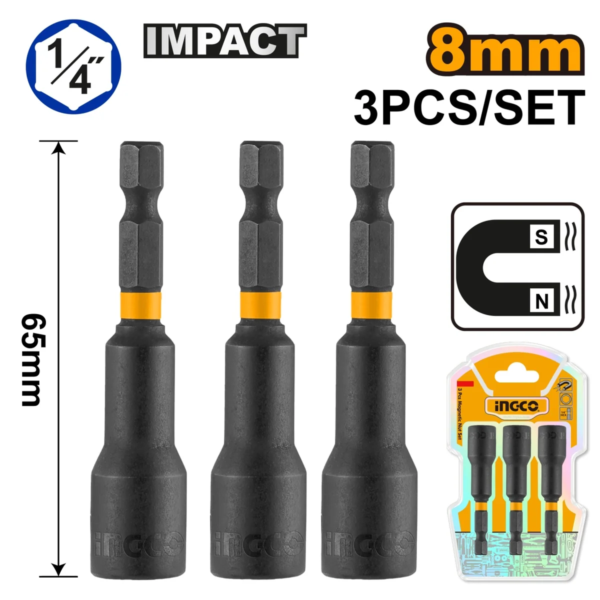 Cheie Bit Tubulara Magnetica 1/4 8mm Set 3 De Bucati Ingco AMN0831