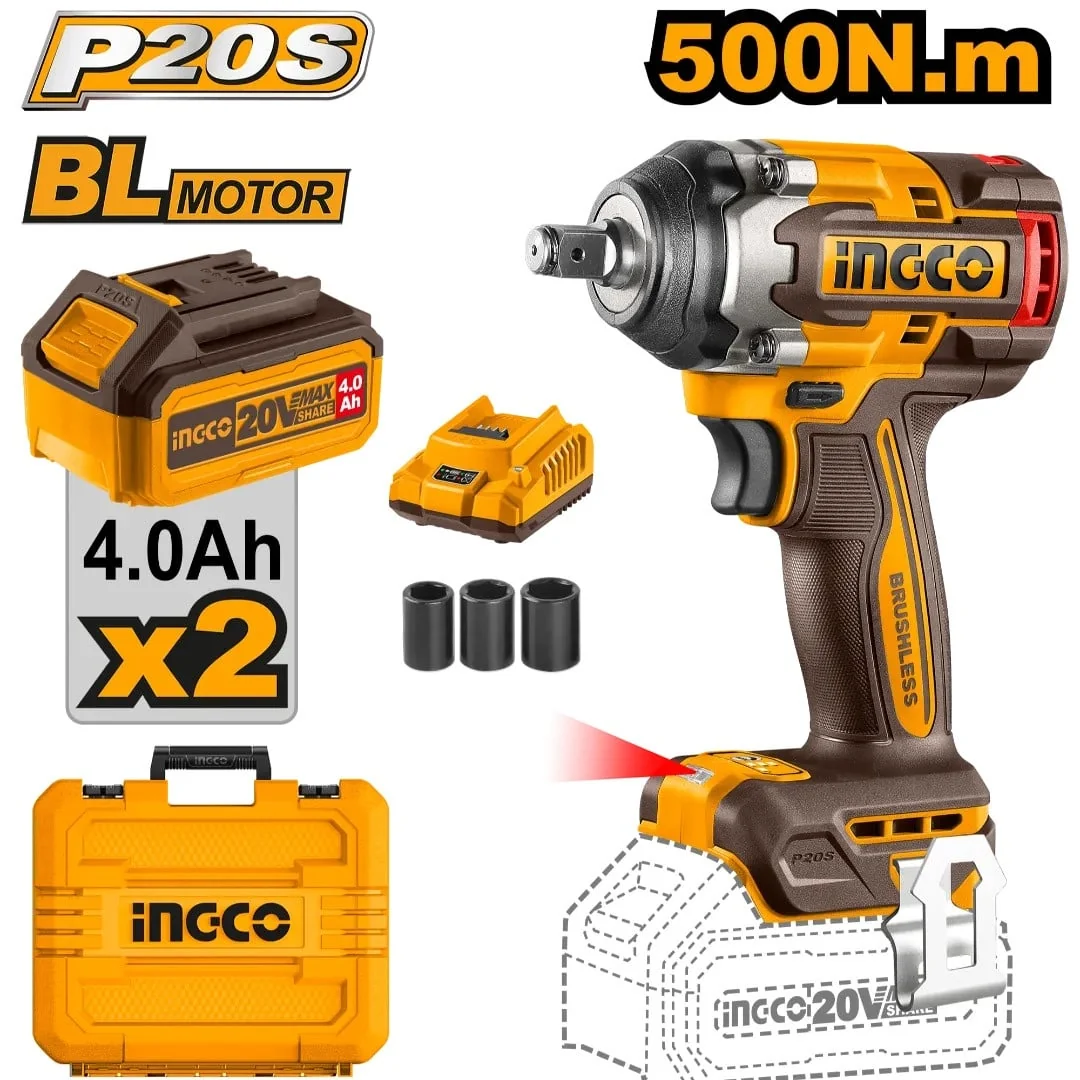 Mașina De Înșurubat Cheie Cu Impact 20V BL 1/2 500nm Cu 2 X 4.0Ah Cu Baterie Ingco CIWLI2050