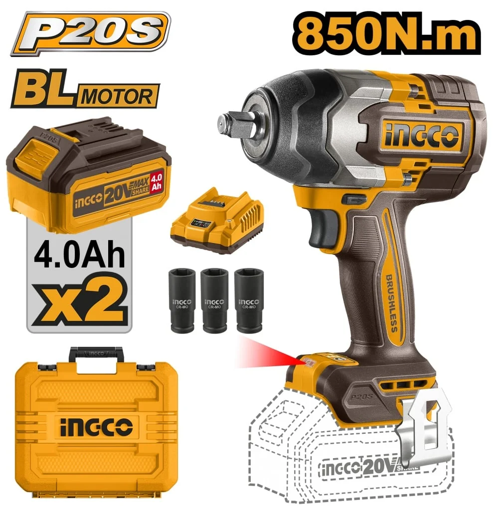 Mașină De Înșurubat, Cheie Cu Impact 20V BL 1/2 850 Nm Cu 2 X 4.0Ah, Cu Baterie Ingco CIWLI2085