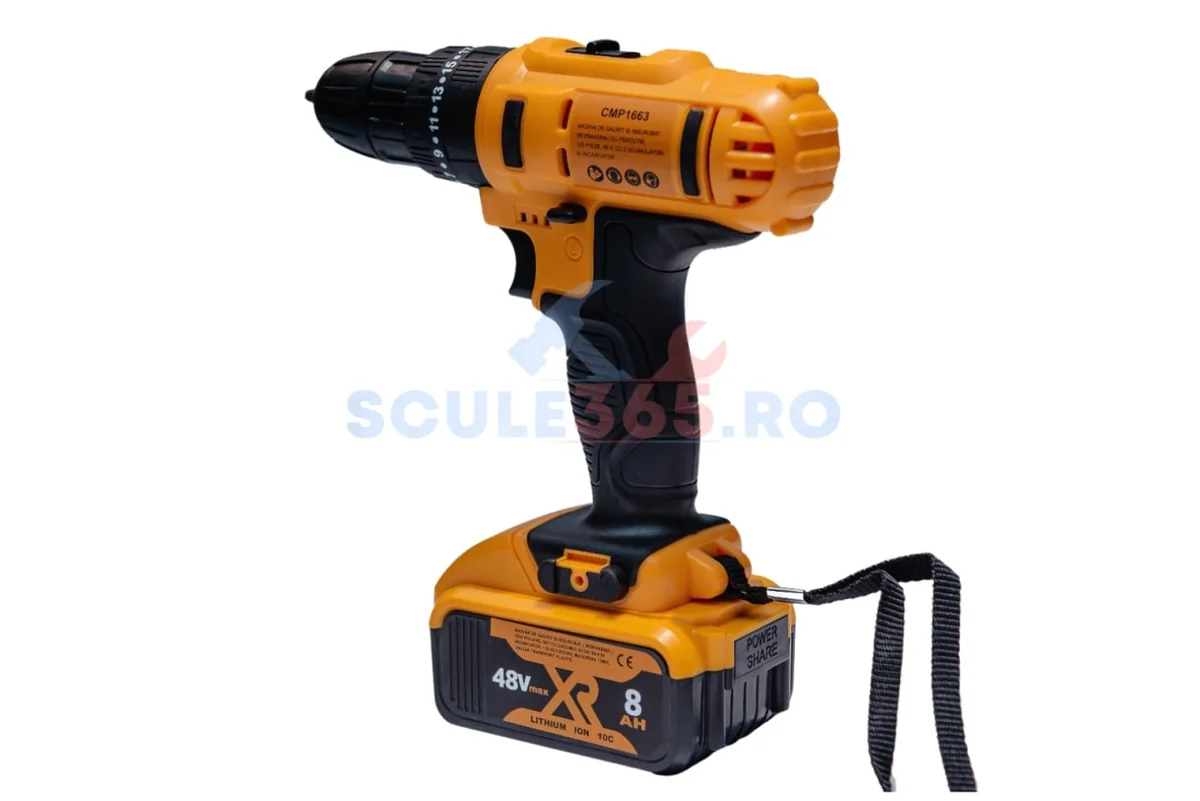 Masina De Gaurit Si Insurubat Cu Percutie 120 Piese, 48V, 2 Acumulatori, Trusa, Incarcator Inclus, Bormasina Autofiletanta 8Ah, 1300Rpm, Campion CMP1663
