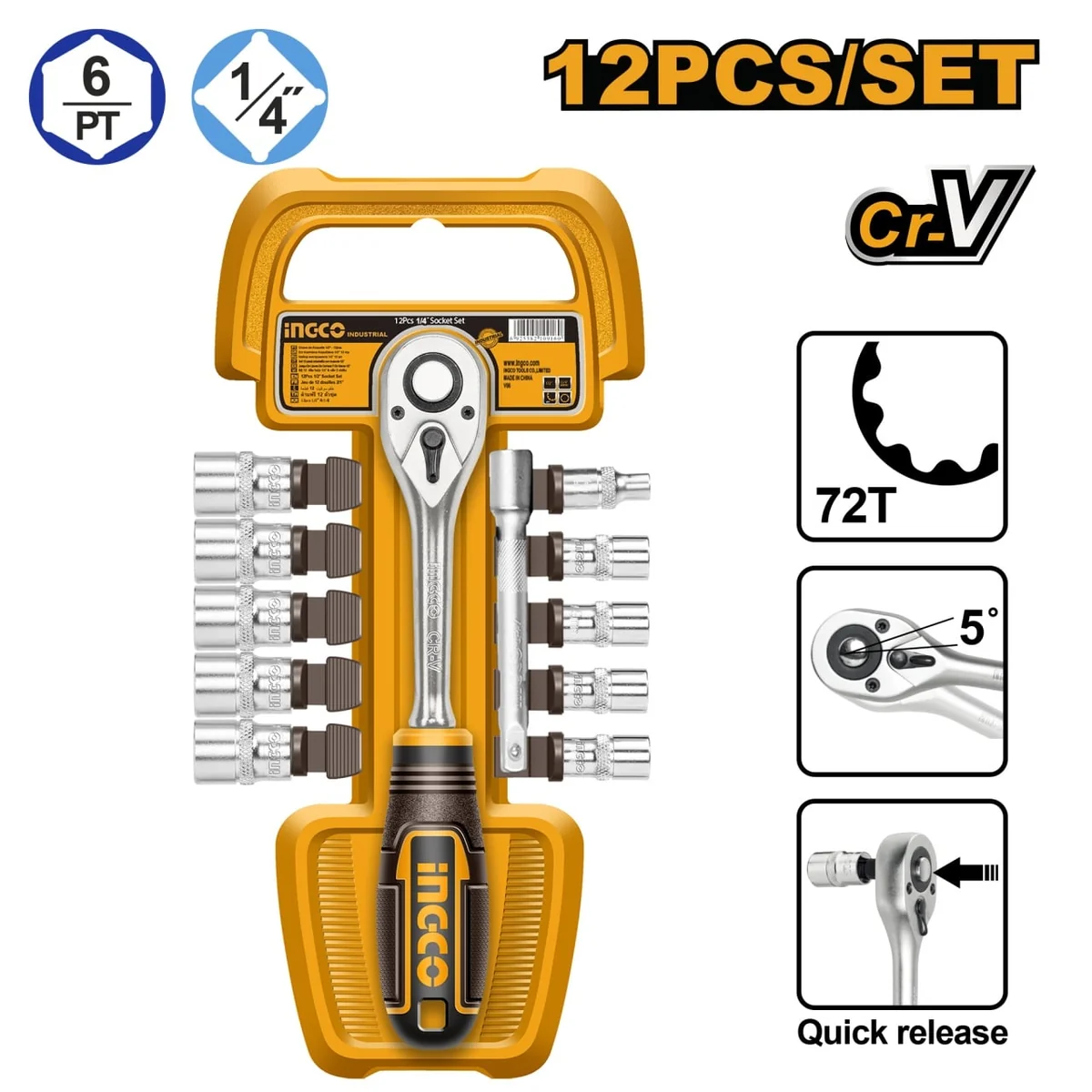 Set Chei Tubulare Cu Clichet 1/4", 12 Bucăți Ingco HKTS14122
