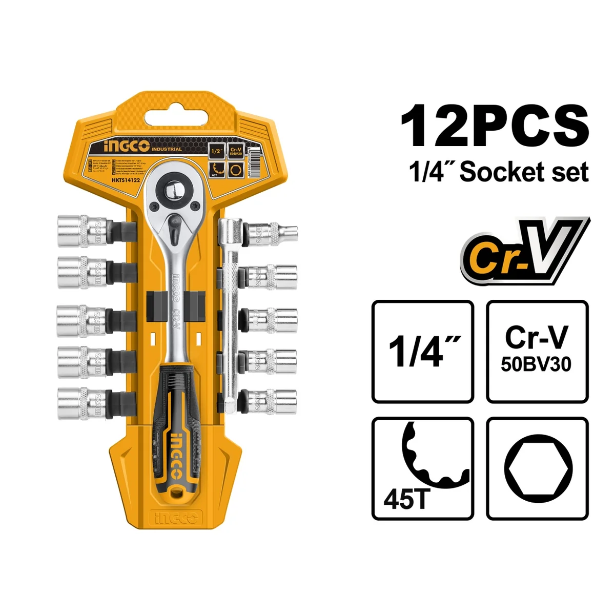 Set Chei Tubulare Cu Clichet 1/4", 12 Bucăți Ingco HKTS14122