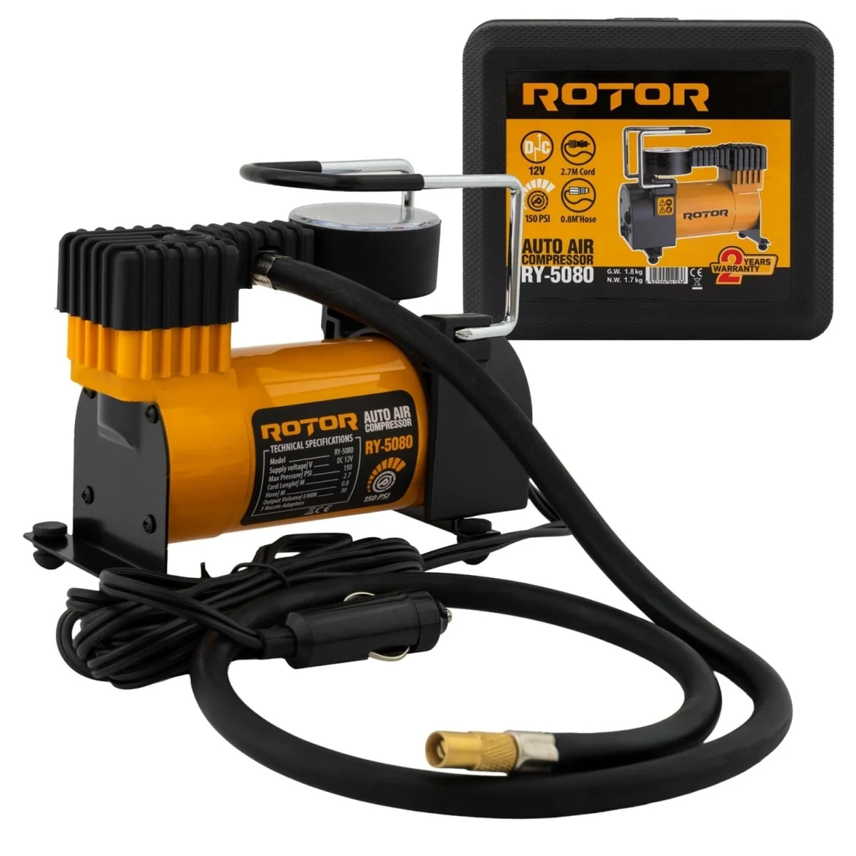 Compresor Auto Cu Manometru, 10 Bar, 150 Psi, 30 L/Min, 12V, Rotor RY-5080