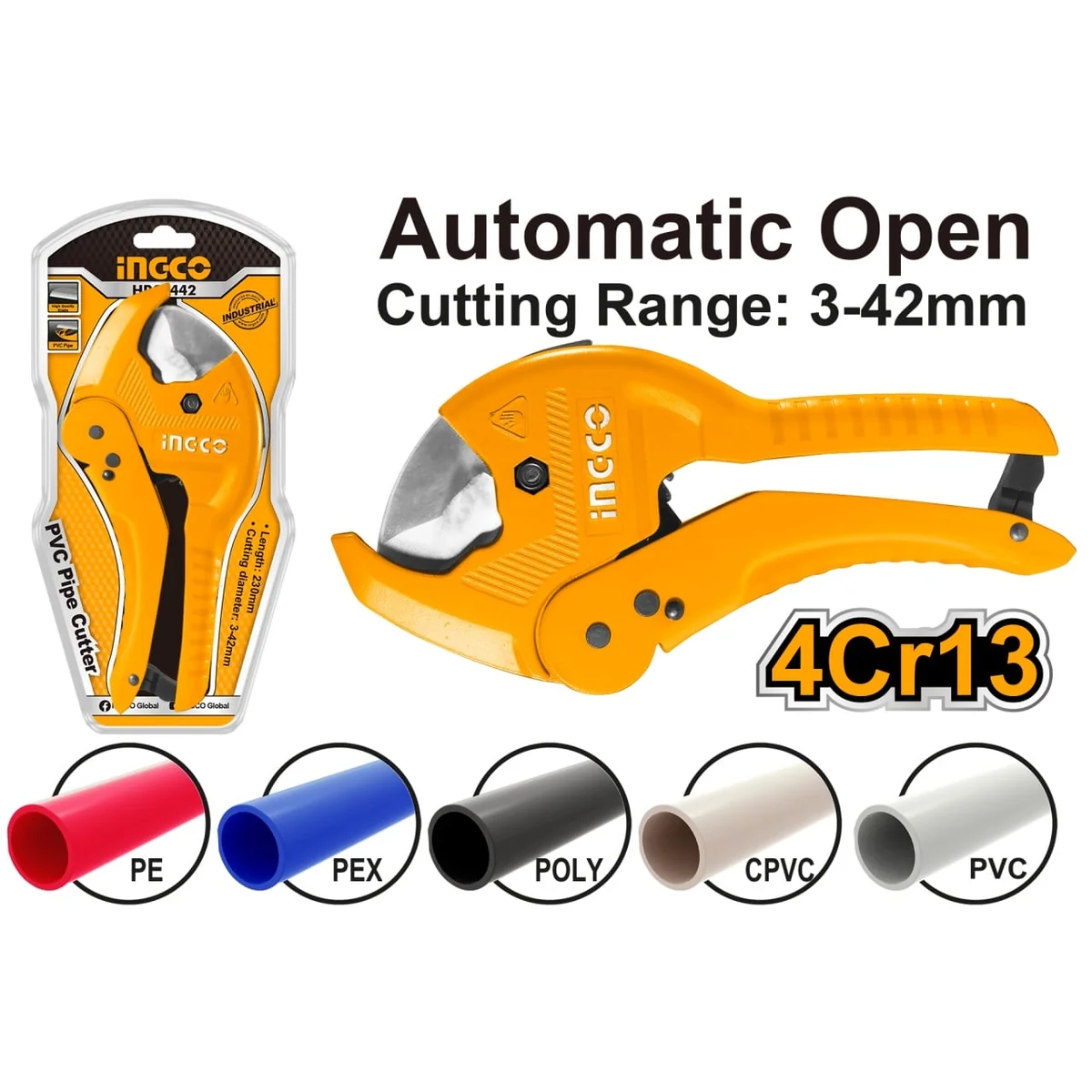 Cleste Taietor Tevi Pvc/Ppr 225mm Ingco Hpc0442 – Taiere 3-42mm, Sistem Cu Clichet, Manere Ergonomice