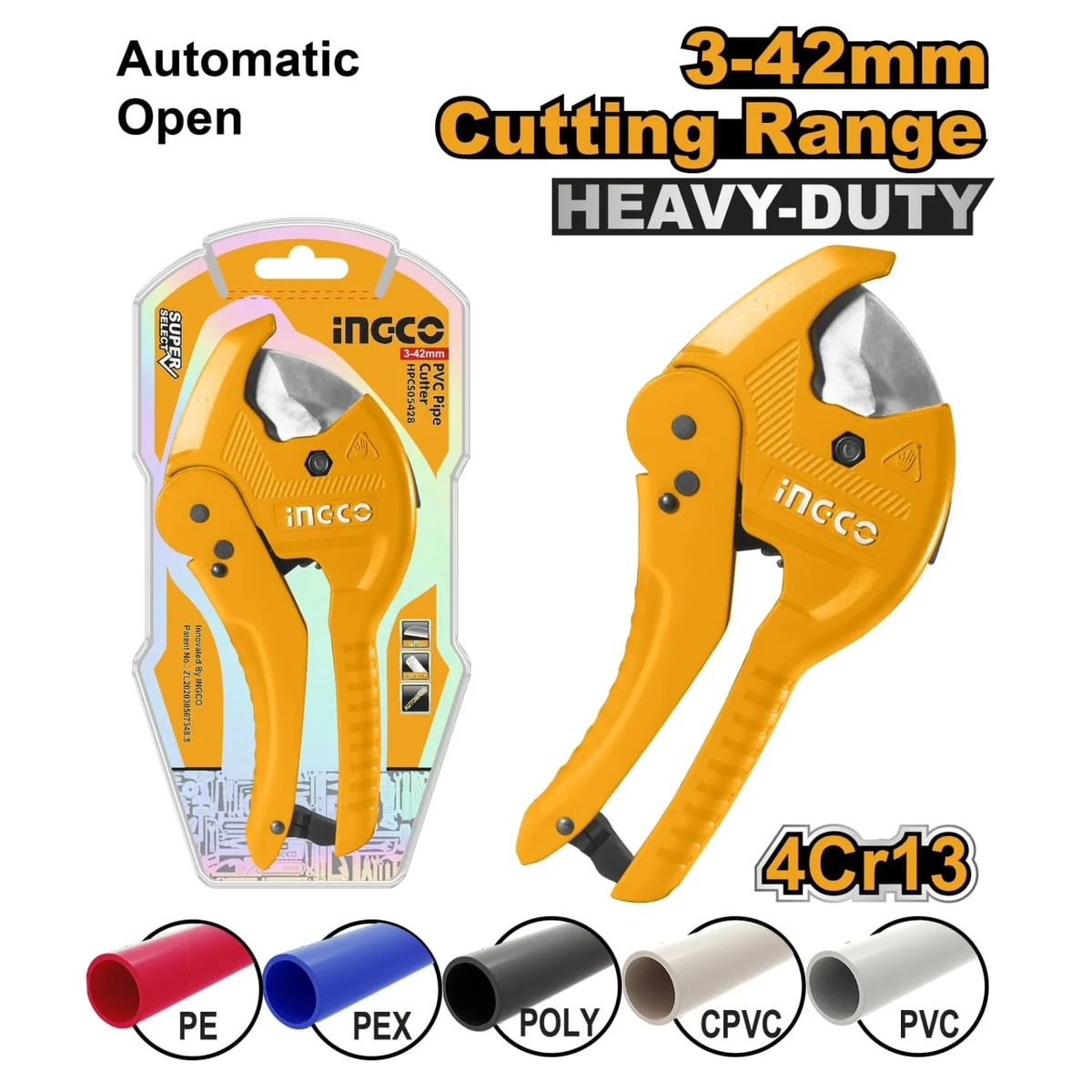 Cleste Taietor Tevi Pvc/Ppr 225mm Ingco Hpc0442 – Taiere 3-42mm, Sistem Cu Clichet, Manere Ergonomice