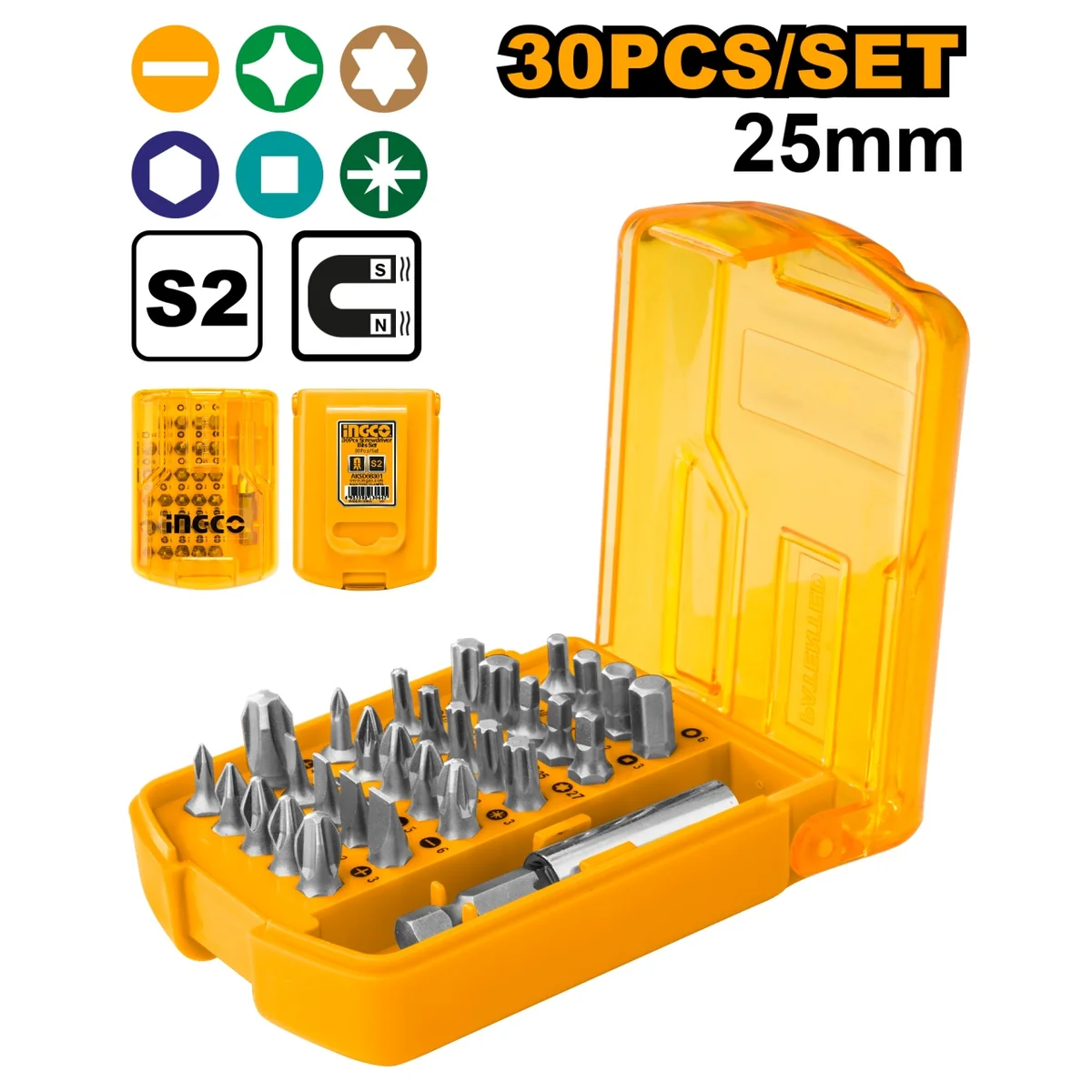 Set Biti 30 Piese Ingco Aksd08301 – Compatibilitate Universala, Organizare Compacta