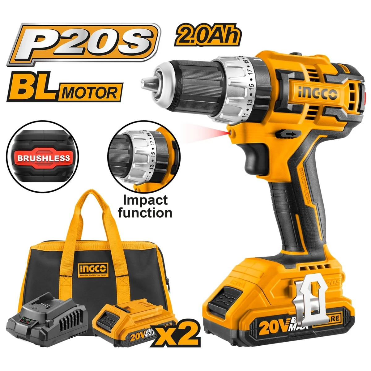 Mașină de Gaurit Bormasina 20V Impact Brushless Cu 2 Acumulatori Industrial INGCO CIDLI20608