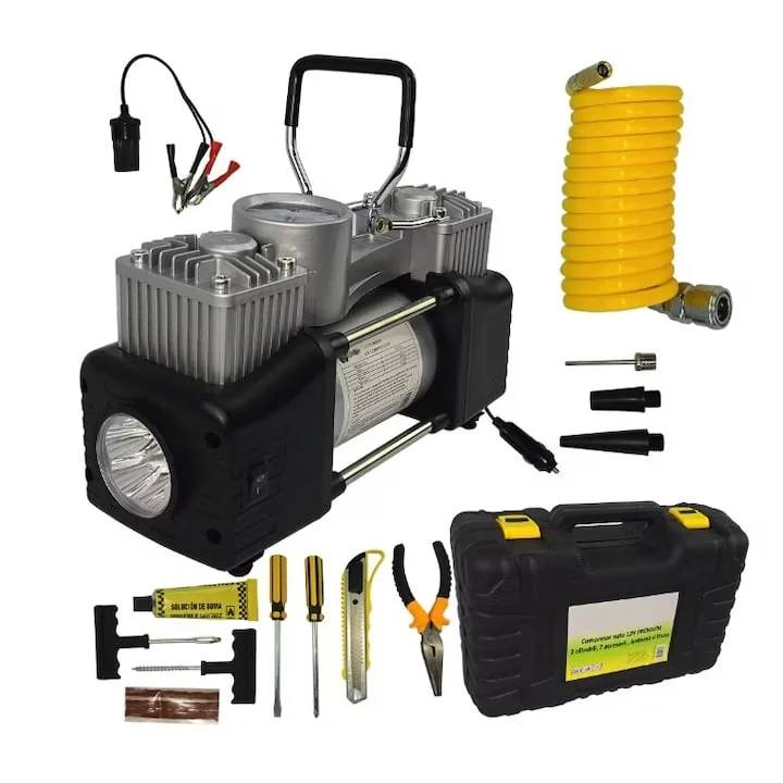 Compresor Aer Auto 12V Premium 2 Cilindri + Accesorii, Lanterna Și Trusa, LIDER MX391
