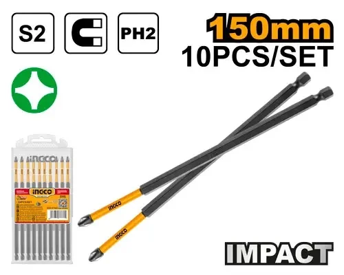 Set Biti PH2 Lungi Impact Surubelnita 10buc 200mm Ingco SDBIM11PH285