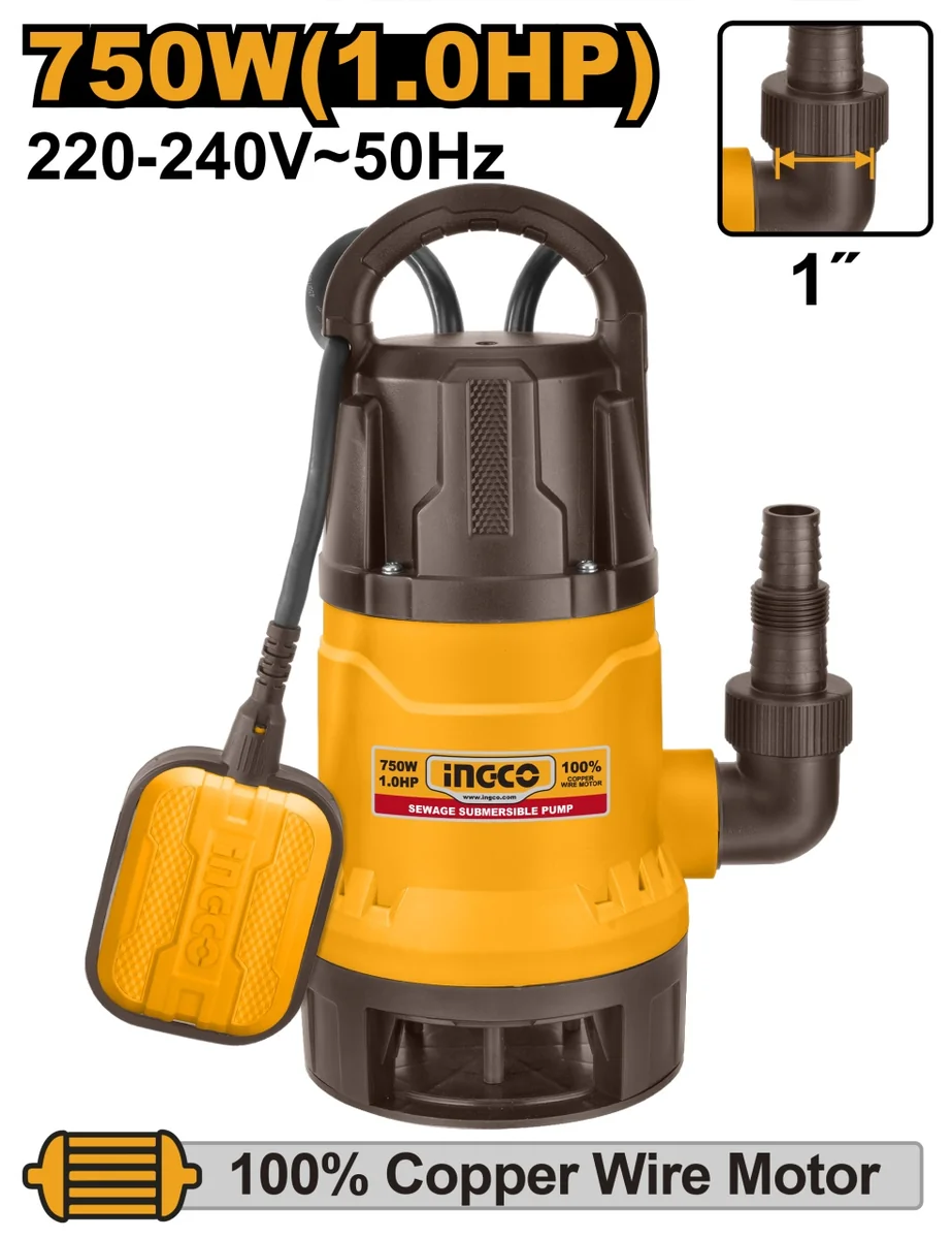 Pompa Apa Submersibila Plastic Cu Plutitor 750W 1 Inch, Ingco Spd7508