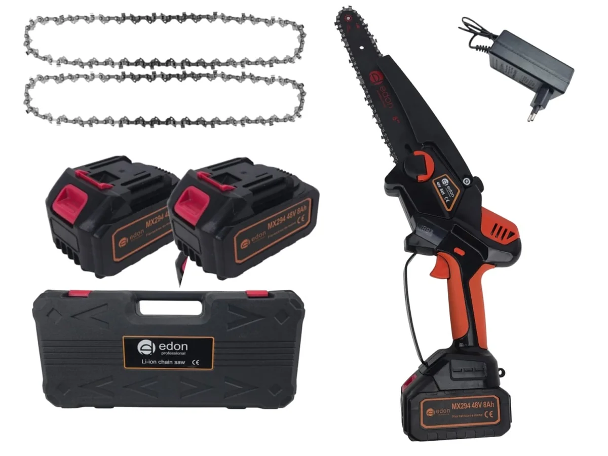 Mini Drujba Electrică Cu 2 Acumulatori 48V, Lamă + 2 Lanțuri, 200mm, 8", Ungere Automată Edon MX294