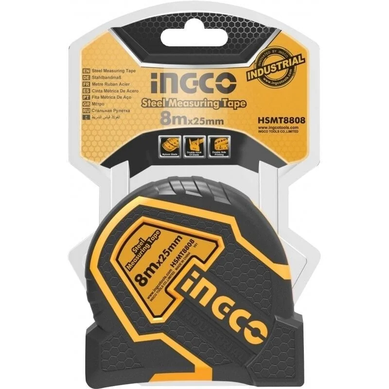 Ruleta Magnetica Profesionala 8m x 25mm, Carcasa Cauciucata, Banda Cu Strat Nylon, INGCO HSMT88081E