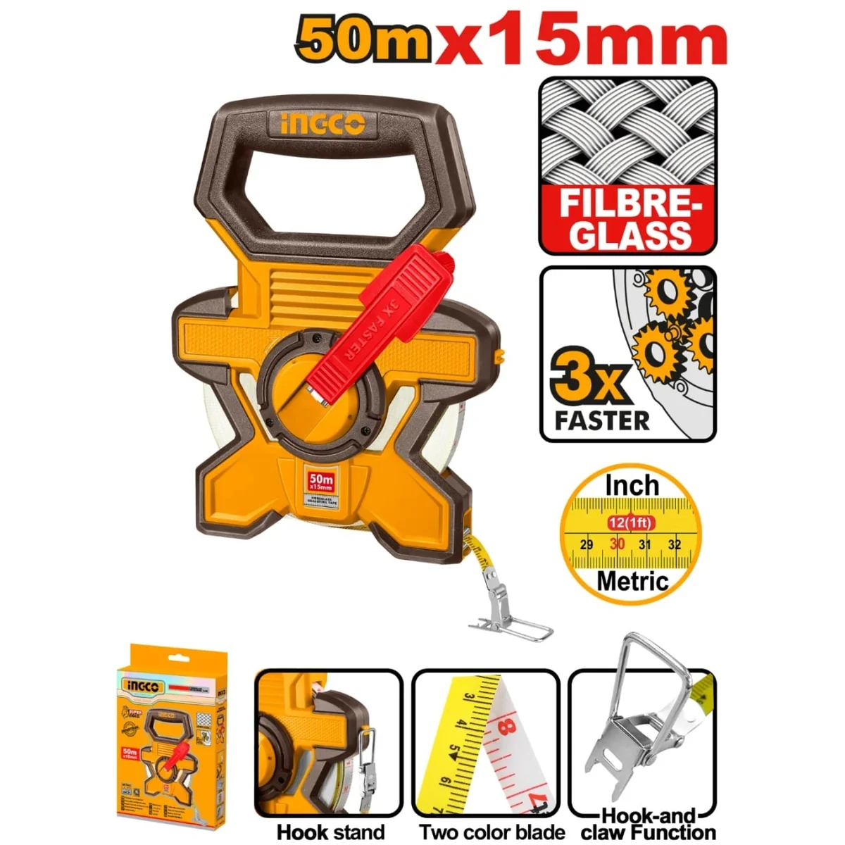 Ruleta Cu Banda De Fibra 50m X 15mm Sistem Dual Metric/Inch Ingco HFMT1850