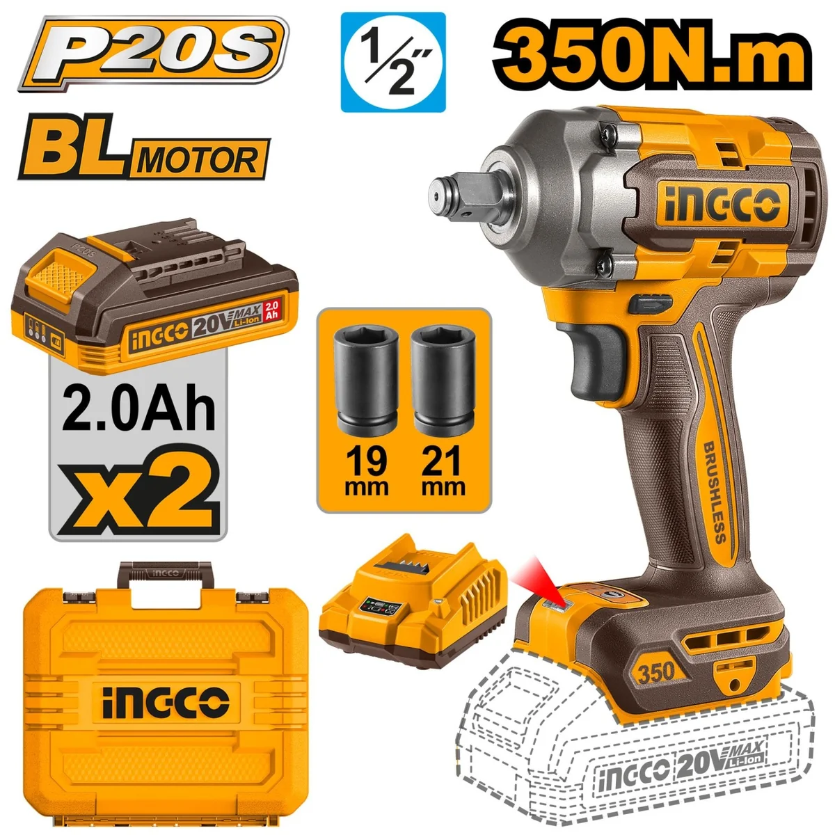 Masina De Insurubat Pistol Cu Impact, 350 Nm, 1/2 Cap, 2 Acumulatori, Trepte Reglabile, Valiza Transport Ingco CIWLI2035
