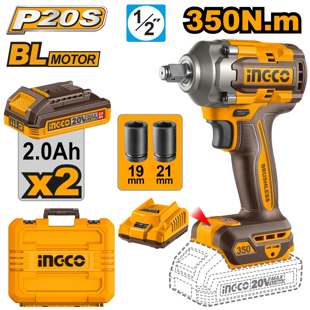 Masina De Insurubat Pistol Cu Impact, 350 Nm, 1/2 Cap, 2 Acumulatori, Trepte Reglabile, Valiza Transport Ingco CIWLI2035