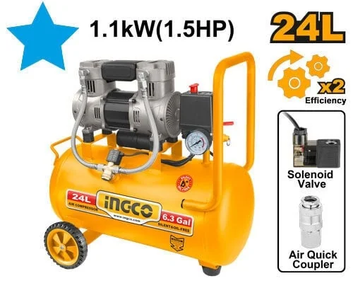Compresor Aer 24L 1.1kW Fără Ulei INGCO ACS111242, 8 Bar, 2850 Rpm, 67 Db, Motor Aluminiu