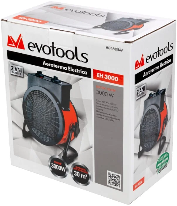 Aeroterma Electrica 3000W Cu Rezistenta Ceramica, 200m³/H, 3 Trepte, EvoTools 681849