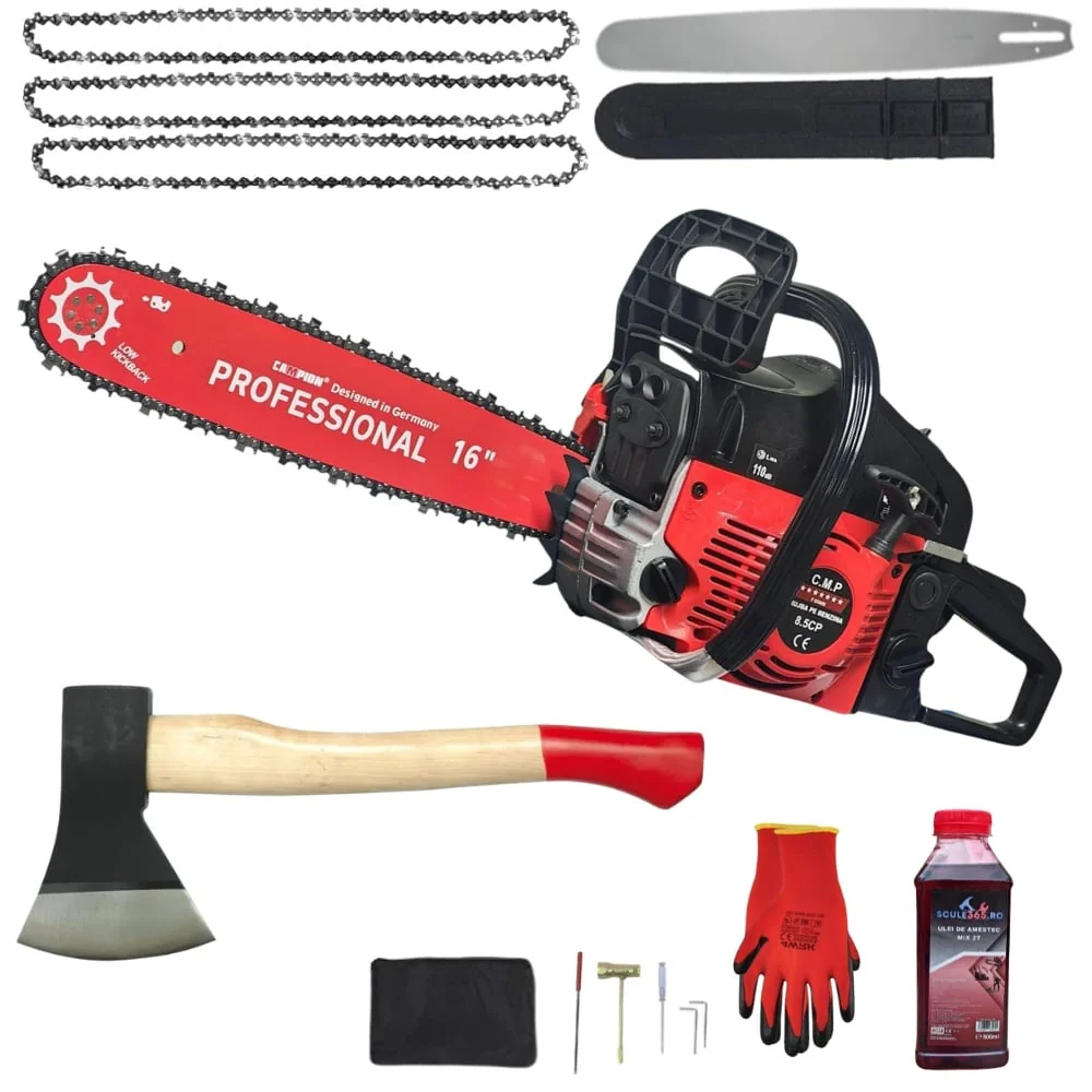 8.5CP *Pachet* Drujba Benzina + 3 Lanturi + 1 Lama + Topor 600G, X1 Ulei Amestec 0.5L + Accesorii + Manusi Protectie, Motoyama Japan