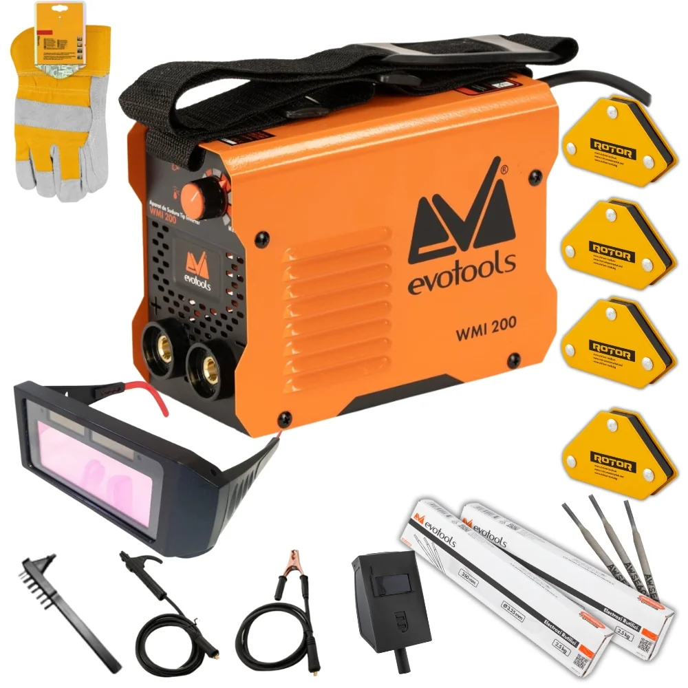 Pachet Aparat De Sudura Tip Invertor Wmi 200 Anti-Stick, 2.8kg, 2.5-3.2mm, + X2 Pachet Electrozi + Ochelari Sudura Automati, Manusi Palmare Din Piele, Set 4 Magneti