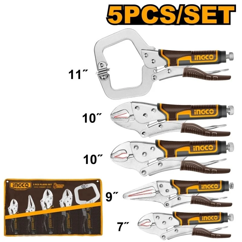 Set Clește Autoblocaj 5 Buc, Falci Curbate/Drepte, C-Clamp, INGCO COS23091