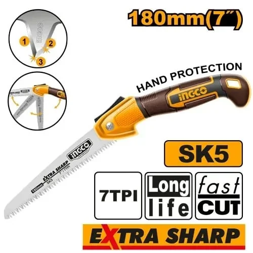 Fierastrau Pliabil 180mm, 7TPI, Dinti Triplu Slefuiti, Oțel SK5, INGCO HFSW1806
