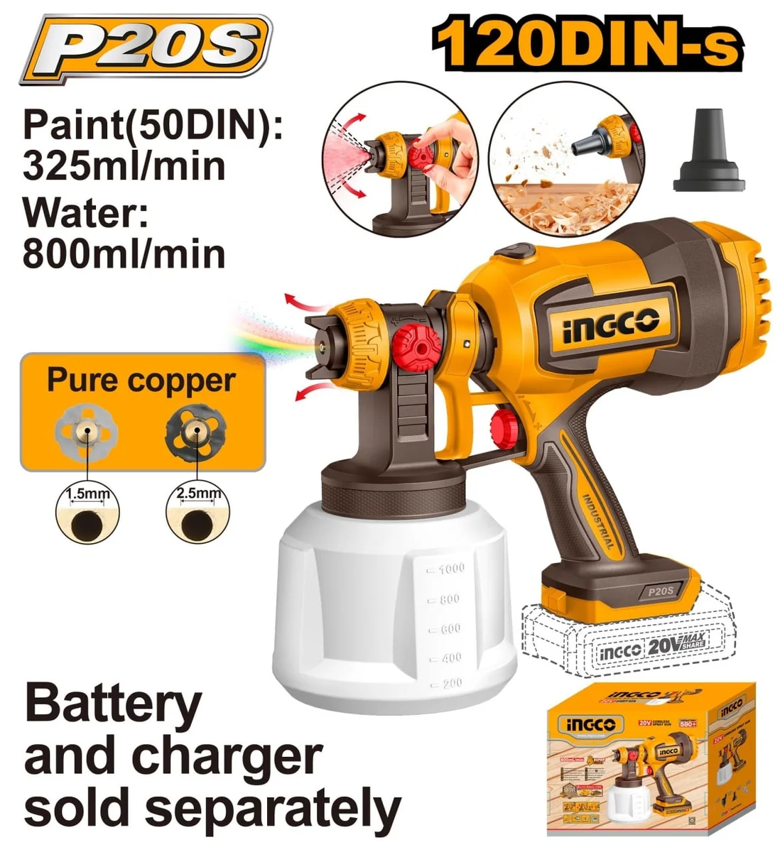 Pistol De Vopsit 20V Cu Funcție De Suflare, Debit 800 Ml/Min, Rezervor 1000 Ml, Fără Acumulator, INGCO CSGLI2004