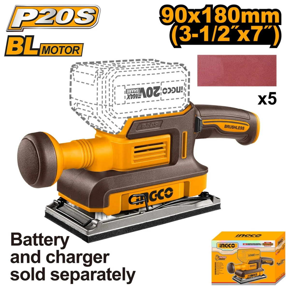 Slefuitor Orbital 20V, 90x180mm, 13000Rpm, Motor Brushless, Fără Acumulator, INGCO CFSLI2031