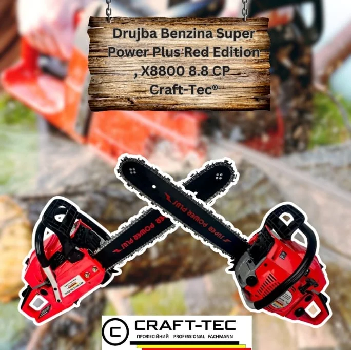 8.8CP *Power Plus - Craft-Tec® Germany* Drujba Pe Benzina Power Plus Red Edition, X8800, 8.8 CP, 6.5 KW, Lame 40 Cm, Lanț 32 Dinti, Motor 2 Timpi, Sistem Anti-Vibratii