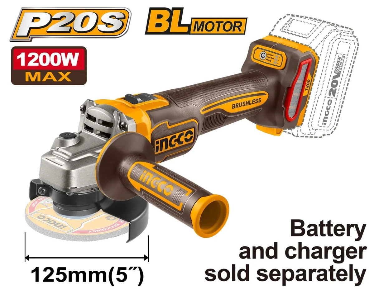 Polizor Unghiular Brushless 20V 125 Mm 1200W Cu Variator Turație, 9000 Rpm, Fără Acumulator INGCO – CAGLI221253